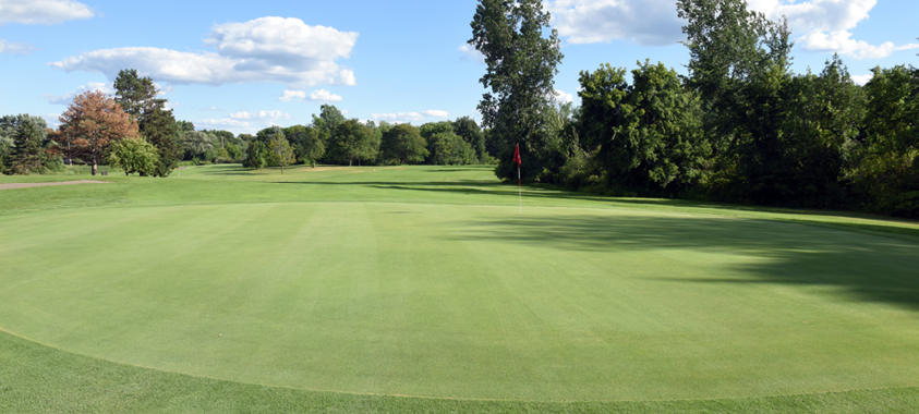 A landscape photo of a putting green on a blue sky summer day at White Lake Oaks Golf Course